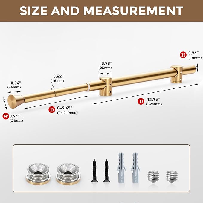 12" Valet Rod for Closet Pull Out, 2Pcs Adjustable Expandable Stainless Steel Valet Rod, Heavy Duty Slide-Out Closet Rod for Hanging Clothes, Suits & Freshly Pressed Items, Gold