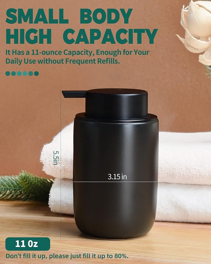 BosilunLife Lotion Pump Dispenser for Kitchen, Bathroom Countertop | Matte Black Soap Dispenser Bathroom Ceramic Dish Liquid Soap Dispenser