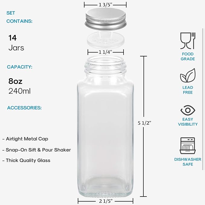 AOZITA 14 Pcs Glass Spice Jars with Spice Labels - 8oz Empty Square Spice Bottles - Shaker Lids and Airtight Metal Caps - Chalk Marker and Silicone Collapsible Funnel Included