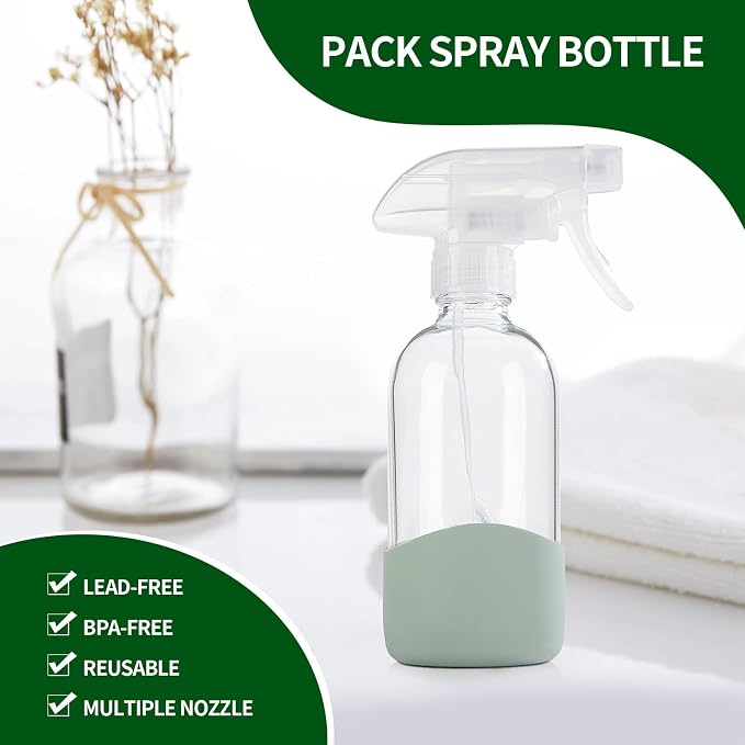 HOMBYS 8 Oz Empty Clear Glass Spray Bottles with Silicone Sleeve Protection Refillable Containers for Cleaning Solutions, Essential Oils, Misting Plants - Quality Sprayer - 1 Pack Boston Bottles