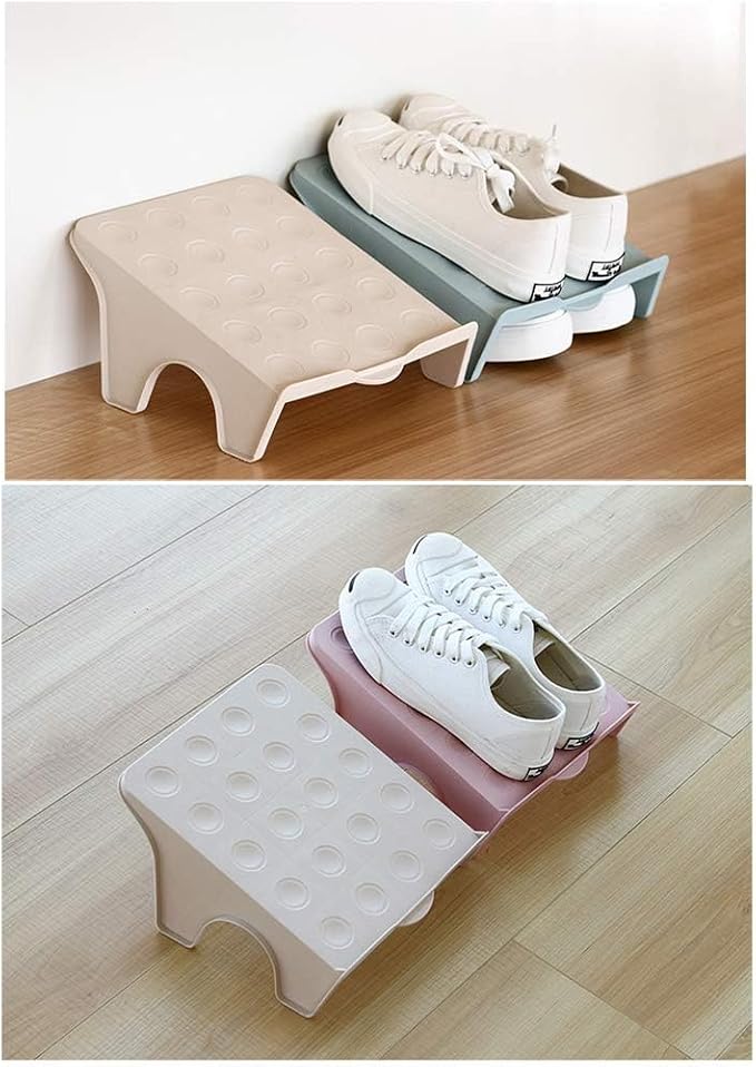 4 Pack Stacking Shoe Organizer for Shelf 10x8.7 in – Double Layer Space Saving Shoe Dividers for Shelves – Footwear Riser for Heels Under 4.7", Sneakers & Flats Storage for Small Closets, Dorms, Apts