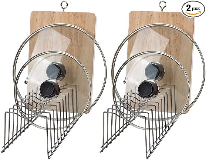 SANNO Pot Lid Organizer, Kitchen Plate Rack Holder Rest, Plates, Cutting Boards Bakeware, Cooling, Pots & Pans, Serving Trays,Lids Holder Rack,Nickel,Set of 2