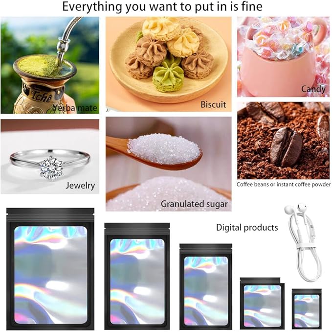 100 Pack Holographic Packaging Bags Resealable Candy Bags with Clear Window Foil Pouch Bag for Lipgloss, Jewelry, Sample Bag for Small Business (Black, 4.7x7.9 Inch)