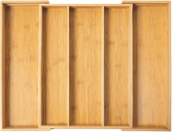 FUSHITON Expandable Bamboo Drawer Organizer, Adjustable Utensil Tray for Knives and Cutlery, Natural Wood Silverware Organizer for Kitchen, Bathroom