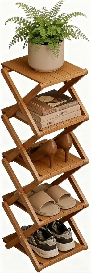 Bamboo Shoe Rack - No Assembly Required, Tall Narrow Foldable Shoe Organizer, Space-Saving Multifunctional Shelf for Entryways, Corners, Bedrooms, Balconies, 5 Layer Brown(Reinforced And Thickened )