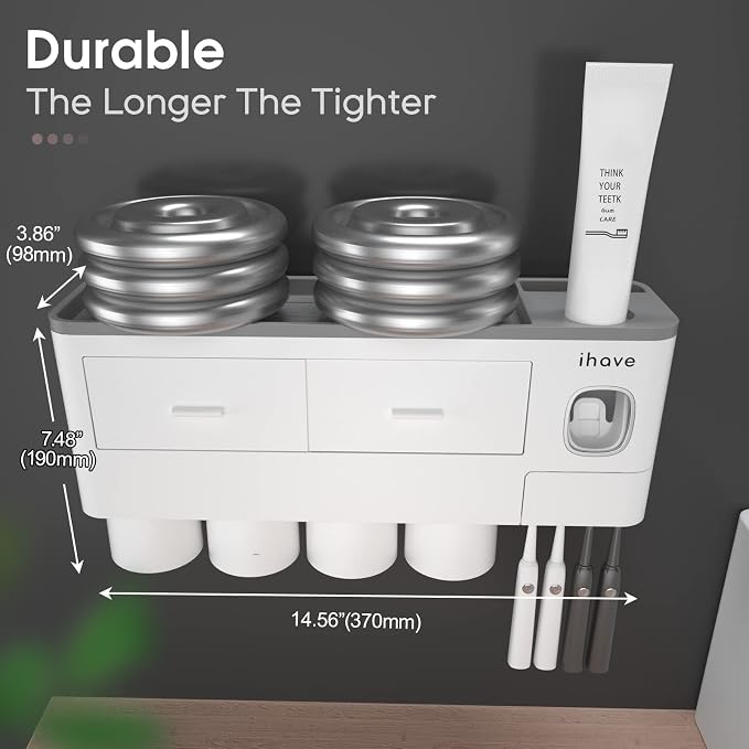 iHave Toothbrush Holders Wall Mounted with Toothpaste Dispenser & 4 Cups | All-in-One Bathroom Organizer: 4 Cups, 7 Slots, Toothpaste Dispenser, Large Tray & Drawer. Wall Mount, No Drilling Required