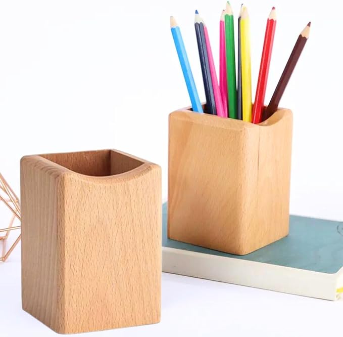 Wooden Pen Holder for Desk, 2 Pack Natural Wood Pencil Cup Holder – Office Desk Accessories Organizer, Makeup Brush Holder, Kids Crayon Marker Caddy, Eco-Friendly (2 Pack Beech Color)