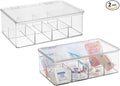 mDesign Plastic Divided First Aid Storage Box Kit with Hinge Lid for Bathroom, Kitchen, Cabinet, Closet - Organize Medicine, Ointments, Adhesive Bandages, Dental - 8 Sections, 2 Pack - Clear