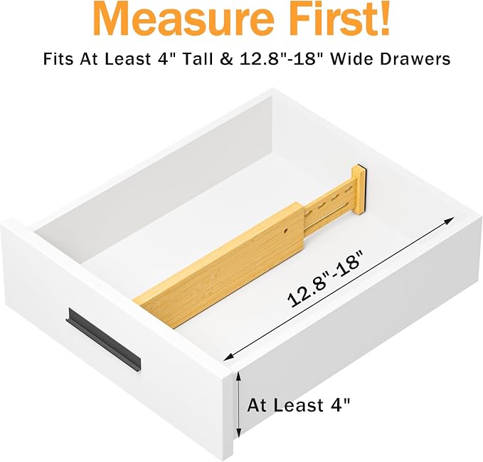 Bamboo Drawer Dividers, 4" High Drawer Organizers for Clothes/Utensils | 12.8-18" Expandable Wooden Drawer Separators for Dresser, Kitchen, Bathroom, Nursery, Office Organization & Storage, 4 Pack