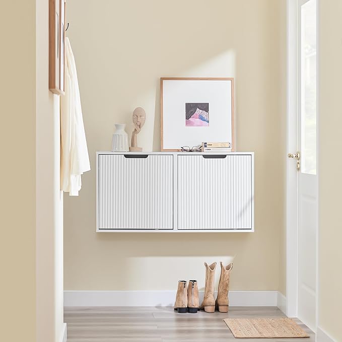 SoBuy Wall Mounted Slim Shoe Cabinet for Entryway, Narrow Shoe Rack Cabinet with 2 Flip Drawers, FSR204 (White)