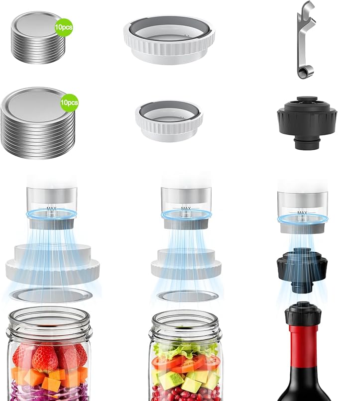 Mason Jar Vacuum Sealer Kit with 2 Sealers, 20 Reusable Lids (Wide & Regular Mouth), Wine Vacuum Stopper & Opener, Food Storage System for Meal Prep, Pantry, Without Mason Jar