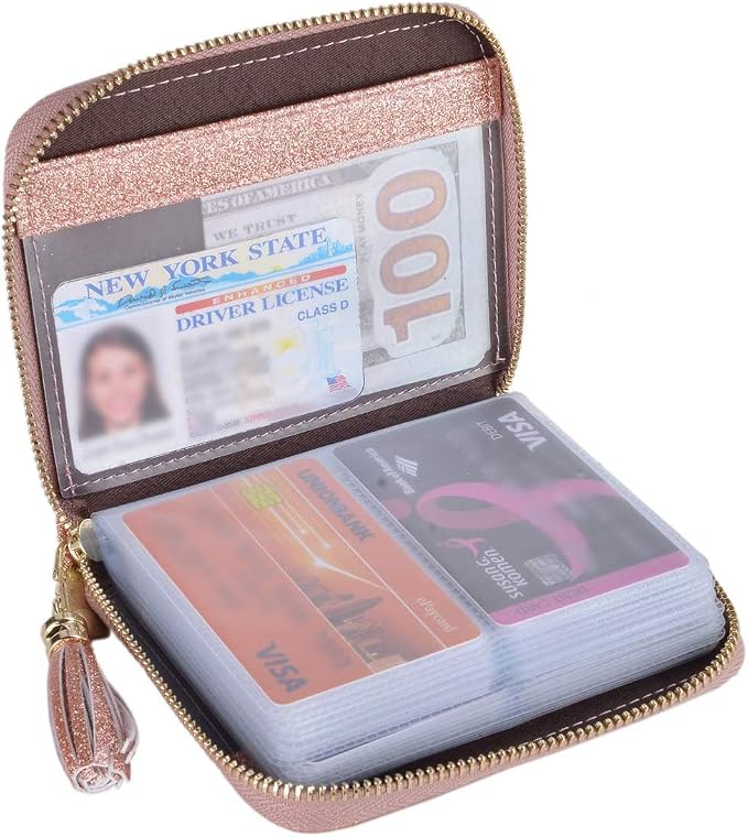 Easyoulife Womens Credit Card Holder Wallet Zip Leather Card Case RFID Blocking (Glitter Gold)
