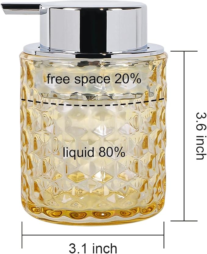 10 Oz Glass Hand Soap Dispenser with Pump, Refillable Bathroom Gold Foaming Soap Dispenser, Vintage Glass Diamond Lotion Container Bottle for Bathroom and Kitchen (1, Amber and Silver)