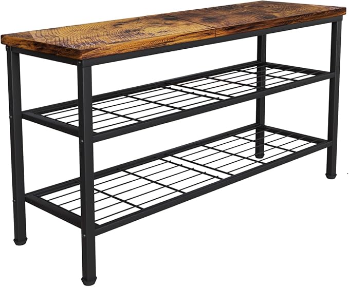 3-Tier Metal Shoe Rack with Wood Top - Durable & Space-Saving Shoe Organizer,Industrial Shoe Organizer Shelf Bench Storagefor Closet Entryway, Bedroom & Hallway - Bronze + Black 28.5 W × 18" H