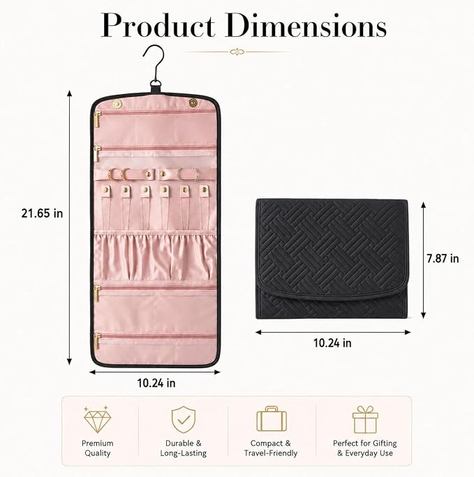 Double Sided Hanging Jewelry Organizer for Closet Door, Black,Travel Closet | hanging jewelry organizer keeps earrings, rings, necklaces, and bracelets visible in a closet or travel bag.