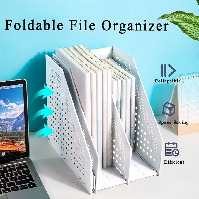 Marte Vanci Collapsible 3 Compartment Magazine Holder Desktop Adjustable Sturdy File Dividers Document Cabinet Rack Display (Light Gray 3 Compartment)