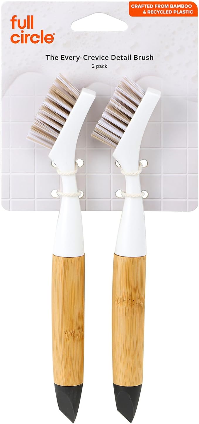 Full Circle The Every-Crevice Detail Brush, Deep Cleaning Brush for Crevices, Shower, & Grout, Tough Bristles, Sustainable Bamboo Handle, 2-Pack