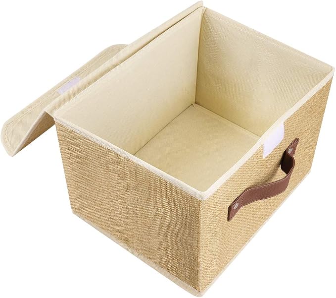 2Pack Storage Bins Boxes with Lids 15"x10"x10" Decorative Storage Baskets | Cotton Linen Fabric, Collapsible, Faux Leather Handles, Storage Cubes, Closet Shelf Clothes Organizer Container, Khaki