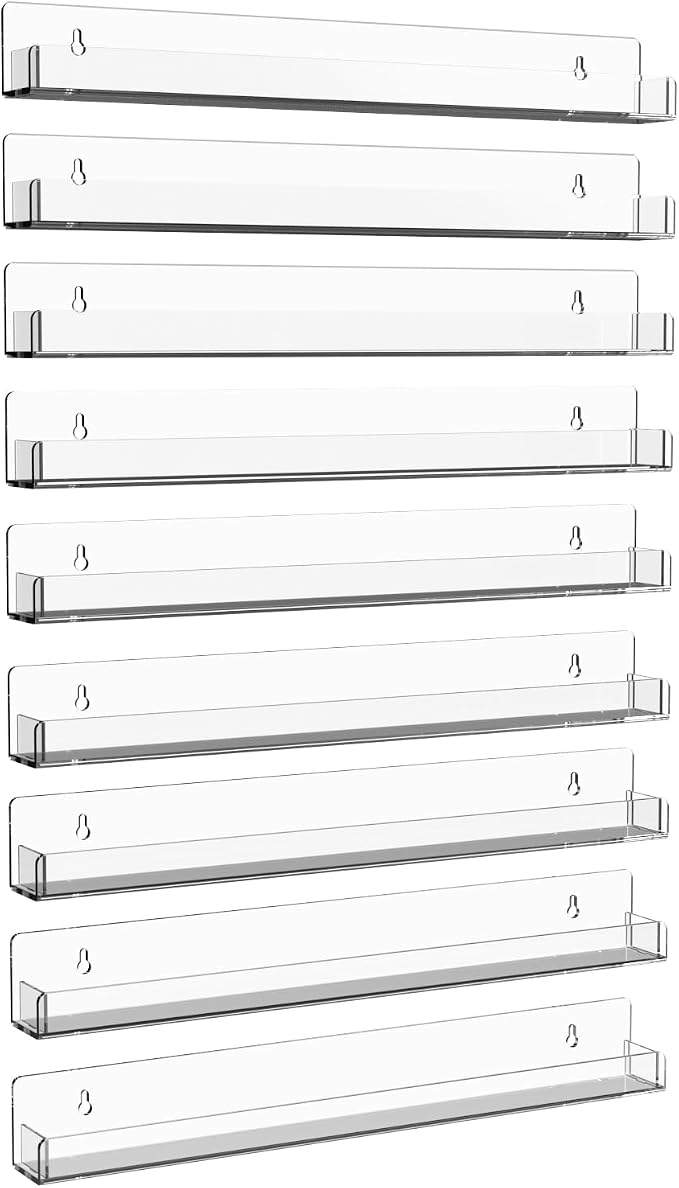 Nail Polish Shelf Wall 15 Inch Acrylic Clear Rack Sunglass Organizer Multi-Purpose Floating Shelves for Beauty Salons Retailer Dressing Room (9 PCs)