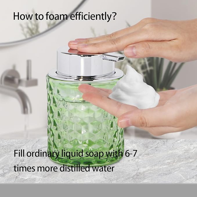 10 Oz Glass Hand Soap Dispenser with Pump, Refillable Bathroom Gold Foaming Soap Dispenser, Vintage Glass Diamond Lotion Container Bottle for Bathroom and Kitchen (1, Green and Silver)
