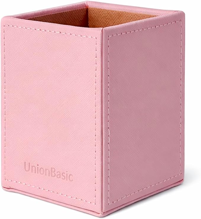 UnionBasic Square Pen Holder, Leather Pencil Cup, Desktop Caddy Stationery Organizer, Taiga Pattern Leather, Pink