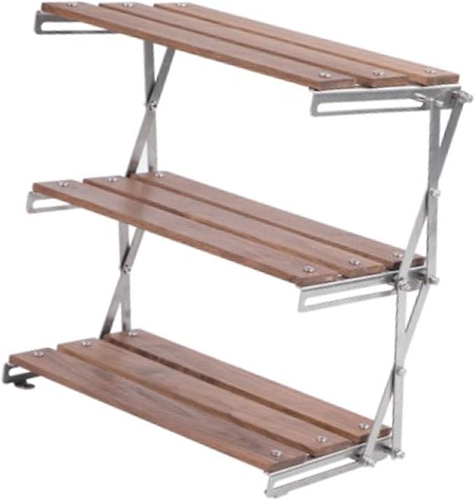 Topyond 3-Tier Storage Shelf Racks, Folding She lf Storage Rack, Strong Load Bearing Fine Polishing Metal Beech Wood Camping Organizer for Outdoor Camping(Chrome-Plated Shelf)