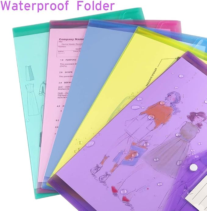 Sooez 12 Pack Folders Plastic Envelopes with Snap Closure, Clear Plastic File Folder for Document, Letter A4 Size Poly File Envelopes with Label Pocket for Home Work Office Organizer, 6 Colors