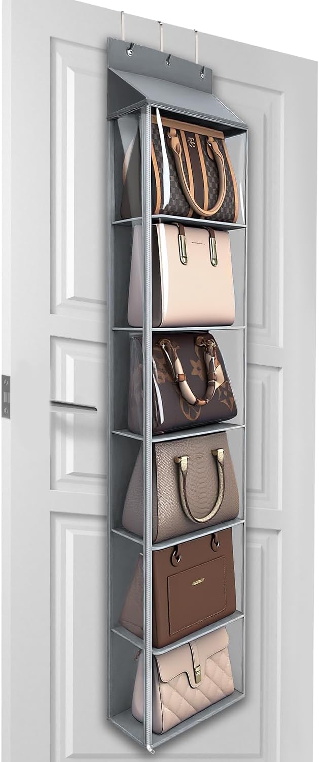 Lirex Over The Door Purse Organizer & Purse Shelf for Closet – Handbag Storage Organizer with Purse Hanger. Perfect for Scarves, Hats, and Leggings. L (15.7'' x 5.7'' x 68''), Grey