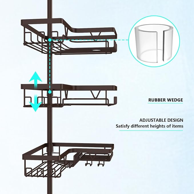 DAOYA Corner Shower Caddy Tension Pole Bronze Tension Rod Shower Organizer | 4-Tier Stainless Steel Showe Shelf, with Soap Holders & Side Hooks, for Bathroom/Tub, Adjustable 25-114inch, Space Saving