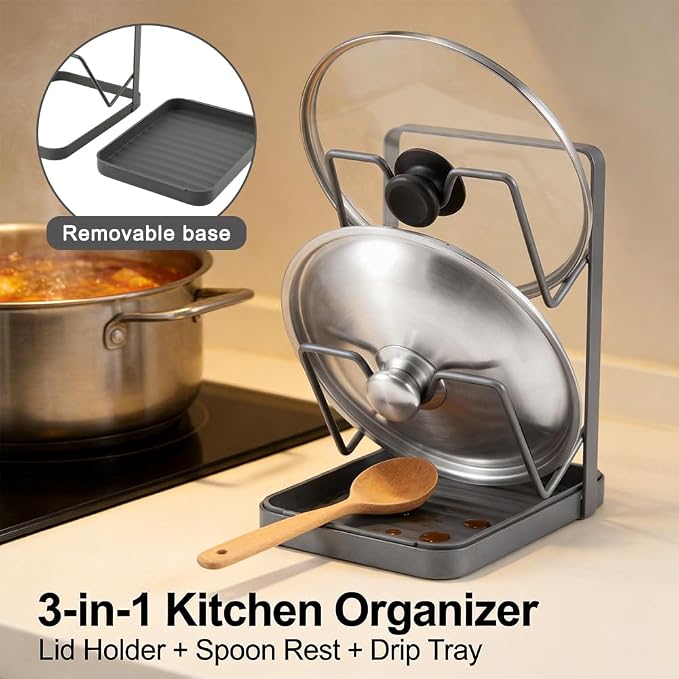 Kitchen Pot Lid Storage Rack, 2-Tier Stainless Steel Pan Lids Holder with Detachable Drip Tray While Cooking, Multifunctional Countertop Organizer for Pan Storage