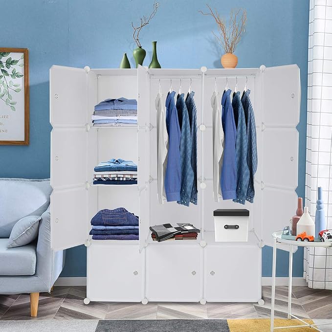 12 Cubes Storage Organizer,Portable Closet Wardrobe,Plastic Clothes Storage Shelves,Modular Bookcase Closet Cabinet,with Doors,for Kitchen, Bedroom, Playroom, Living Room, Office, Dorm (White)
