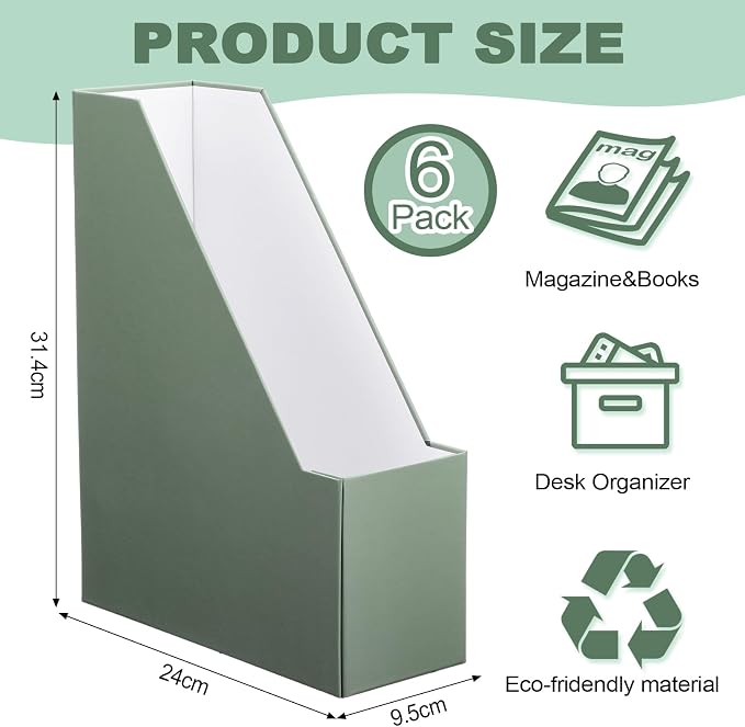Feifeiya Magazine Holder Set of 6 Sturdy Cardboard Magazine File BOY7116 Beautiful Desk Book Organizer and Storage Box for Documents, Magazines Holder Rack for Shelf Home Office Classroom(Sage Green)