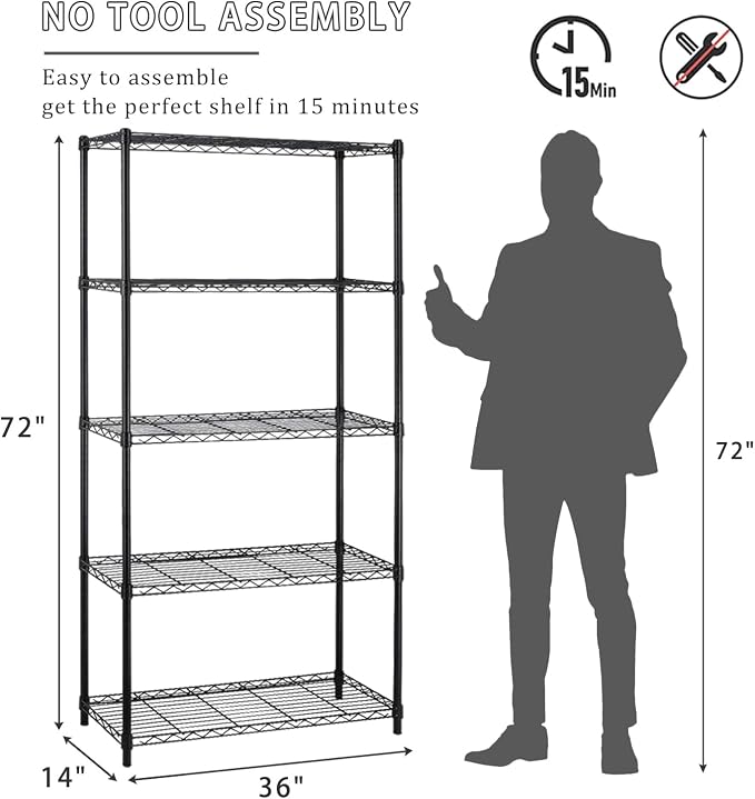 5 Tier Metal Shelving Unit Adjustable Wire Storage Shelves NSF Metal Storage Rack Shelf Organizer Kitchen Storage for Pantry Office, 1200Lbs Capacity, 72" H x 36" W x 14" D, Black