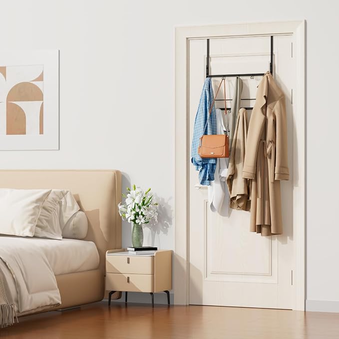 Consumest Over the Door Organizer - 3 Tier Door Hanger Hooks for Hanging Clothing, 24 Inches Long Coat Hanger for Bedroom, Bathroom, Laundry or Dorm Room, Black