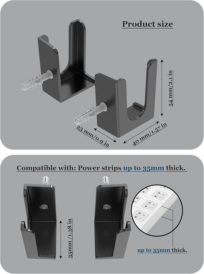 Power Strip Holder, 2 Set Power Strip Wall Mount, (Black) | Punch Free Socket Holder Fit for Under Desk, Bedside and More, Fixed by Adhesive or Screw