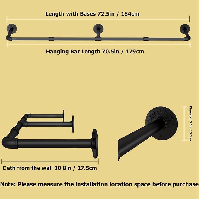 Wall Mounted Clothes Rack 72.5in, Industrial Pipe Clothing Racks Wall Mount, Heavy Duty Detachable Iron Garment Bar, Saving Space, Multi-Purpose Hanging Rod for Bedroom, Laundry Room, 2 Packs