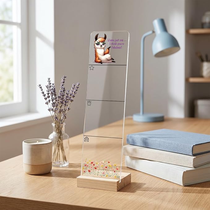Sticky Note Holder, Monitor Memo Board, Acrylic Post It Note Holder with Wooden Base, Includes 200 Notes, Desk Organizer, Funny Llama Quote “Llama Just Say I Think You’re Fabulous”