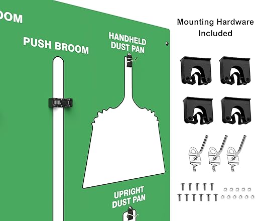 Clean & Sweep 5S Shadow Board/Wall Mount Broom Holder, 68" x 30" Board, 5S Cleaning Station - with Broom and Dustpan Set Included, Made in The USA by AccuformNMC, Green/White, PSB716GNWT