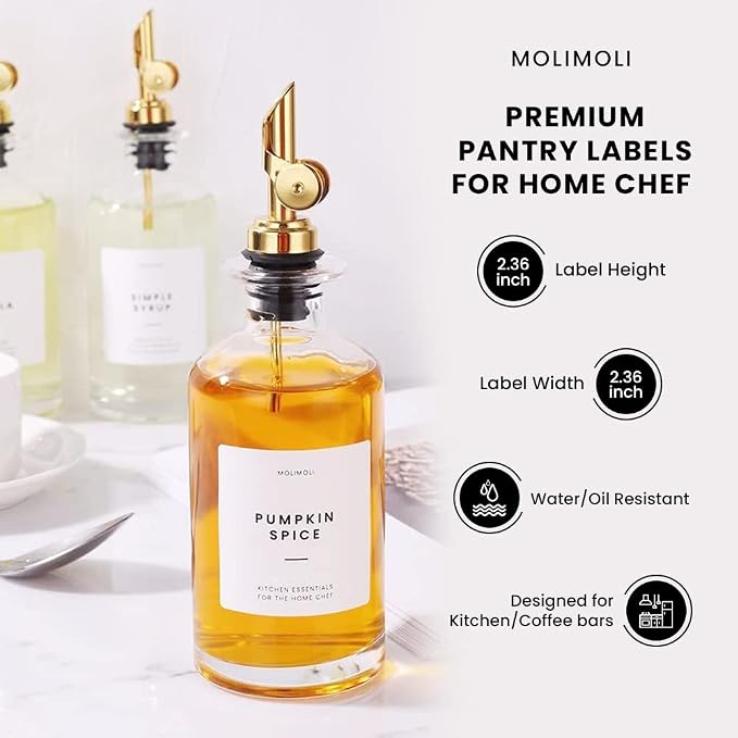 MoliMoli Minimalist Labels, Pantry, Organization, Oil, Cooking Sauce and Wine and Coffee Syrup Labels for Kitchen
