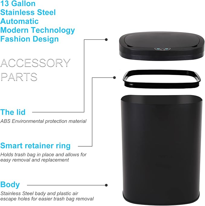 Bigacc Kitchen Trash Can | Stainless Steel 13 Gallon Trash Can | 50L Touch Free Garbage Can with Lid | Electronic Motion Sensor Automatic Trash Bin High Capacity for Kitchen Bathroom Office, Black