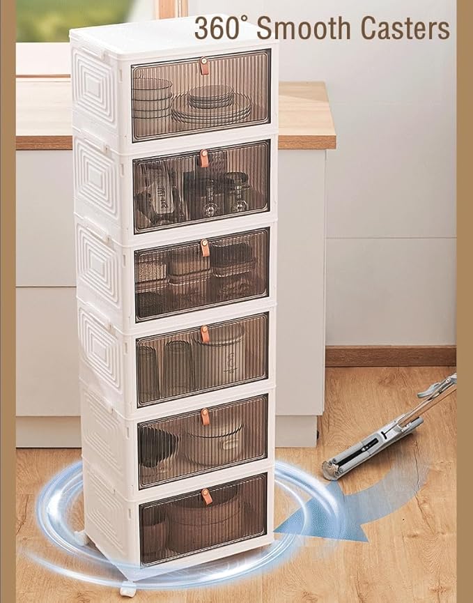 Foldable Storage Bins Boxes with Lid Wheels and Magnetic Door, Collapsible Stackable ABS Organizer for Kitchen Cloakroom Closet Living Room & Office(5 Tier)