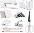 White Office Supplies, Shellvcase White Desk Accessories, Stapler and Tape Dispenser Set for Women with Stapler, Tape Dispenser, Staple Remover, Staples, Clips, Scissor and Pens for Students