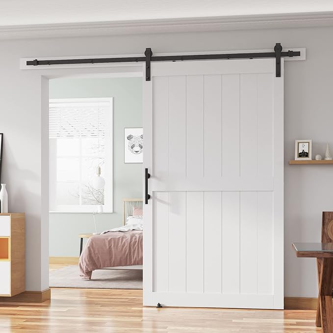 48''x 80'' Sliding Barn Door with 8 Ft Barn Door Hardware Kit | Pre-Drilled Holes Easy Assembly - Include Installation Manual, Water-Proof PVC Surface, H-Frame, White