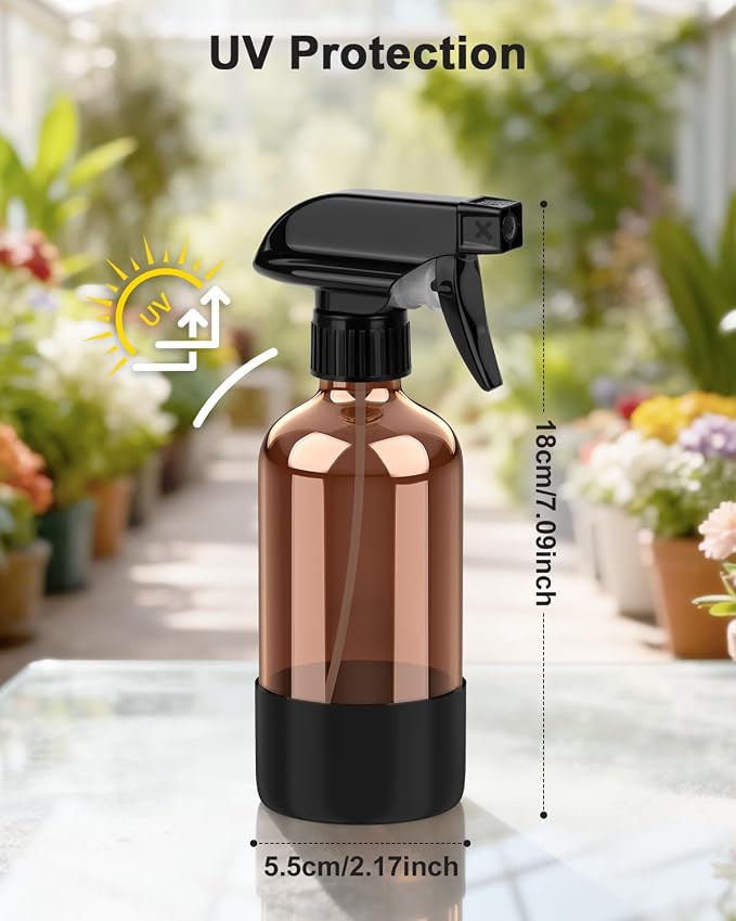 Bontip Amber Glass Spray Bottle with Silicone Sleeve Protection, 8 oz Refillable Spray Bottles for Cleaning Solutions, Plants, Aromatherapy, Facial Hydration (1, Black, 8 oz)