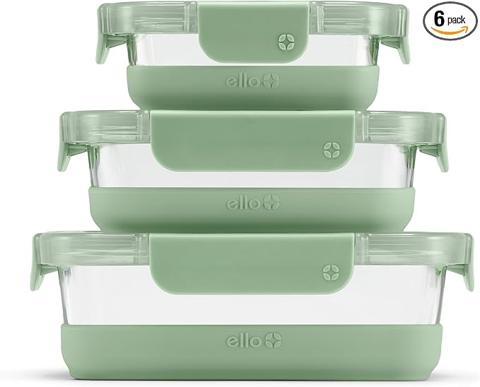 Ello Duraglass Refresh Mixed Meal Prep Set 6Pc, 3 Pack - Glass Food Storage Container with Silicone Boot and Airtight BPA-Free Plastic Lids, Dishwasher, Microwave and Freezer Safe, Cactus