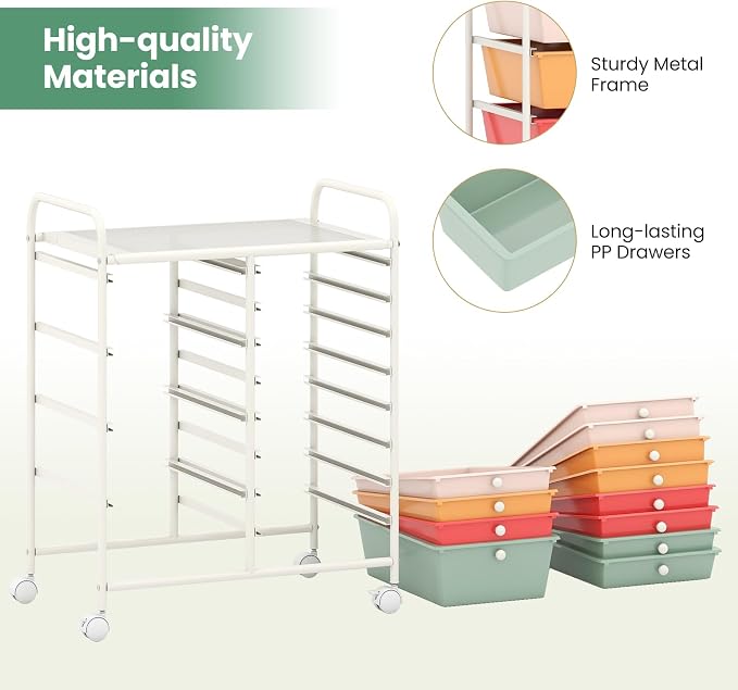 BECOMFORT 15-Drawer Rolling Cart with Drawers, Storage Cart on Wheels, Teacher Classroom Organizers with Metal Frame, Mobile Craft Cart for Tools