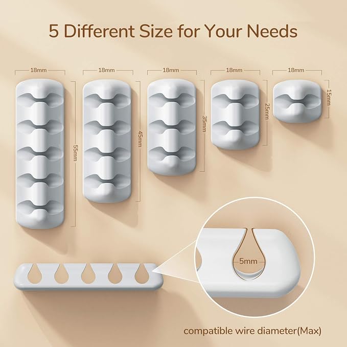 Syncwire Cable Clips, 5 Pack Gray Cord Organizer Cable Management Self Adhesive Cable Holder for Organizing Cable Cords, Ideal for Home, Office, Cubicle, Car, Nightstand, Desk Accessories