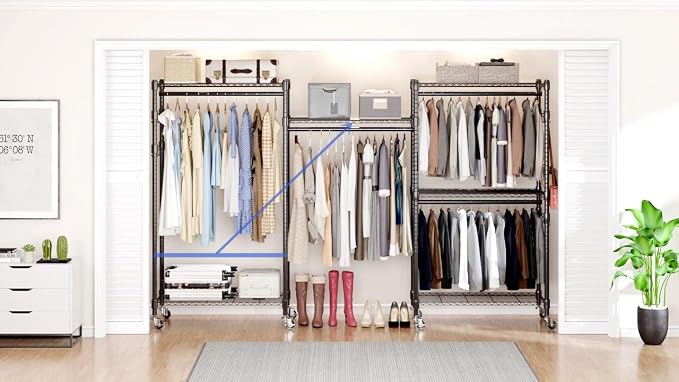BATHWA Clothes Racks for Hanging Clothes, 35.5" W x 16.5" D x 80.7" H, Rolling Tall Heavy Duty Wardrobe Rack with Shelves & Wheels Metal Freestanding Multifuctional for Bedroom Laundry balcony, Grey