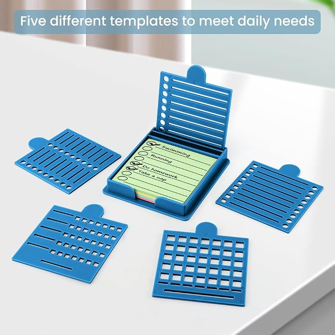 Sticky Note Holder with 5 Different Stencil & 100 Sheet Post It Notes, 3x3 inch Sticky Pads Dispenser with Line Box Drawing Template for Office and Home(COLOR:blue)