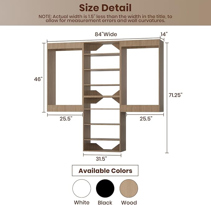 ROOMTEC Modular Closet System, 84" Wall-Mounted Closet Organizer with Hanging Rods and Shelves, Wooden Tower for Walk-In Closets, Wardrobe Storage Kit, Wood